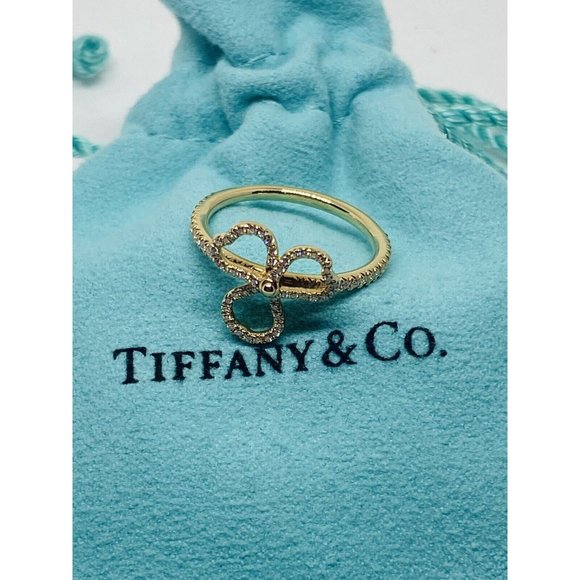 Tiffany & Co. "Paper Flowers" Open Clover 18K Rose Gold Size 5 .24CT Pouch Box - Picture 3 of 11